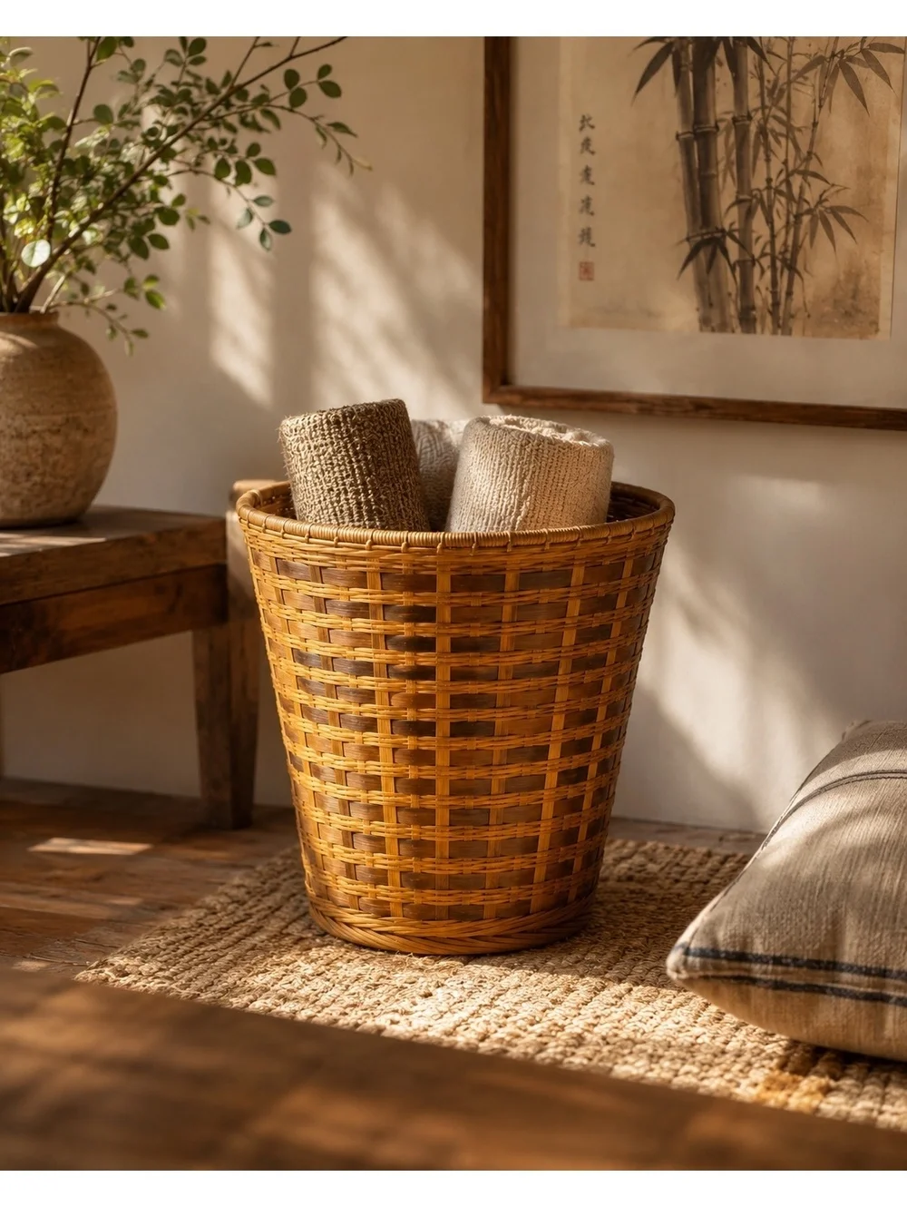 Vintage Japanese Handwoven Bamboo Basket Signed 11” Woven Storage Basket
